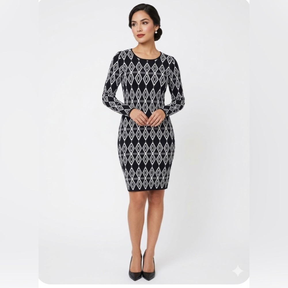 Badgley Mischka Black and White Long-Sleeve Diamond-Print Sheath Dress